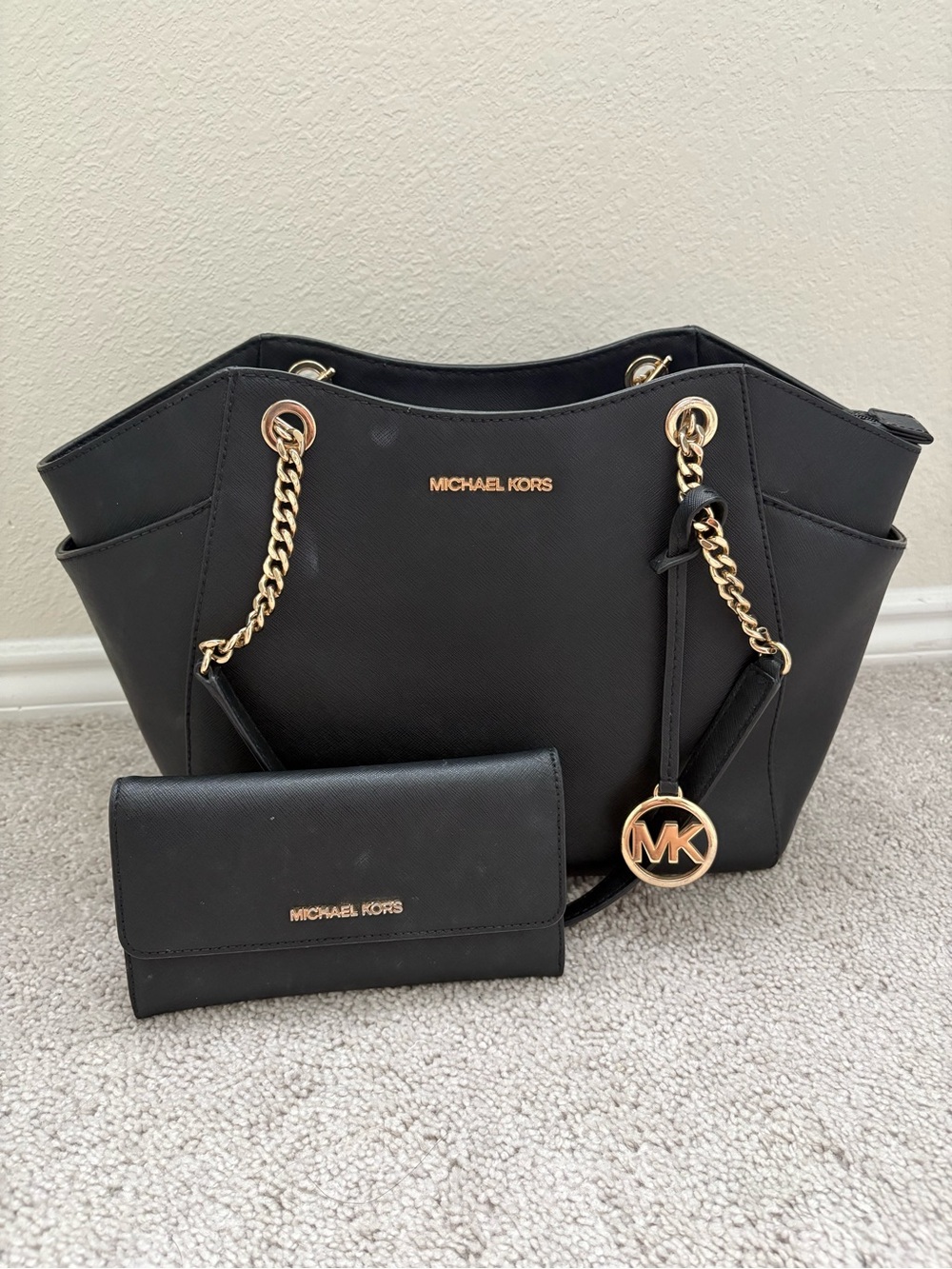 Michael Kors Black Saffiano Leather Bag Gold Accents & Matching Wallet Set